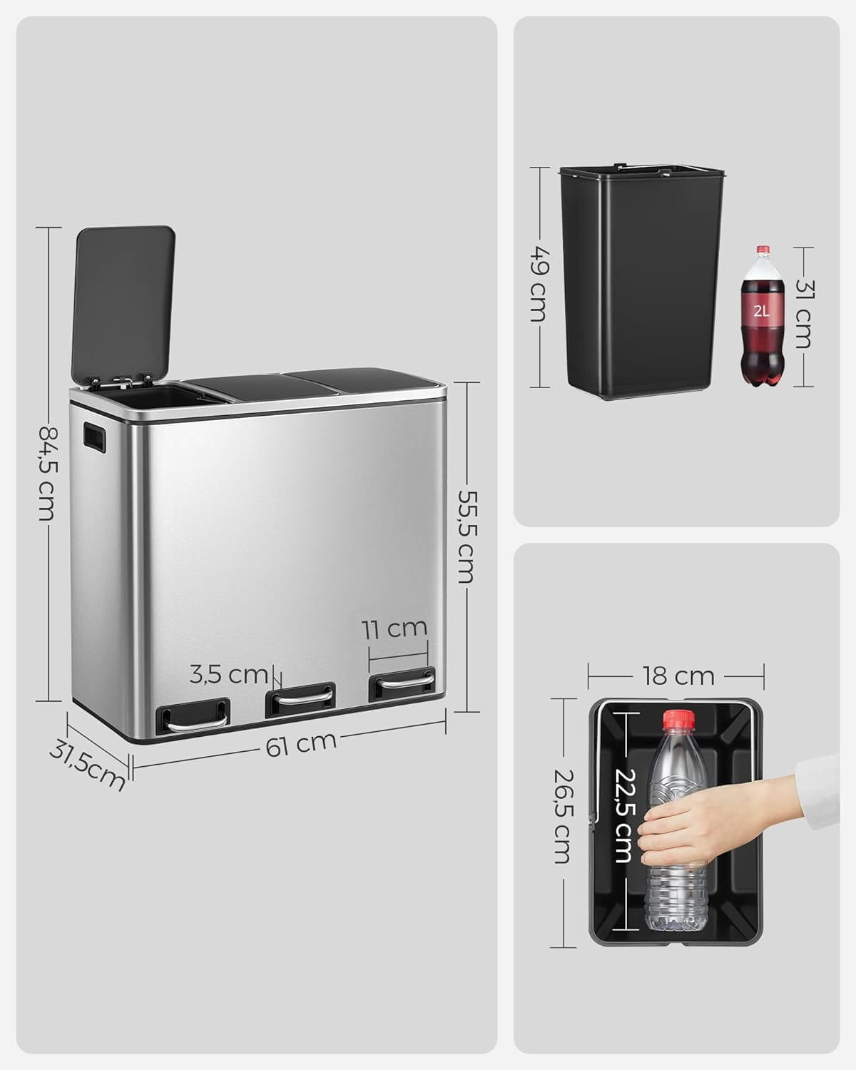 Троен кош за отпадъци - хром 3 x 18L = 54L