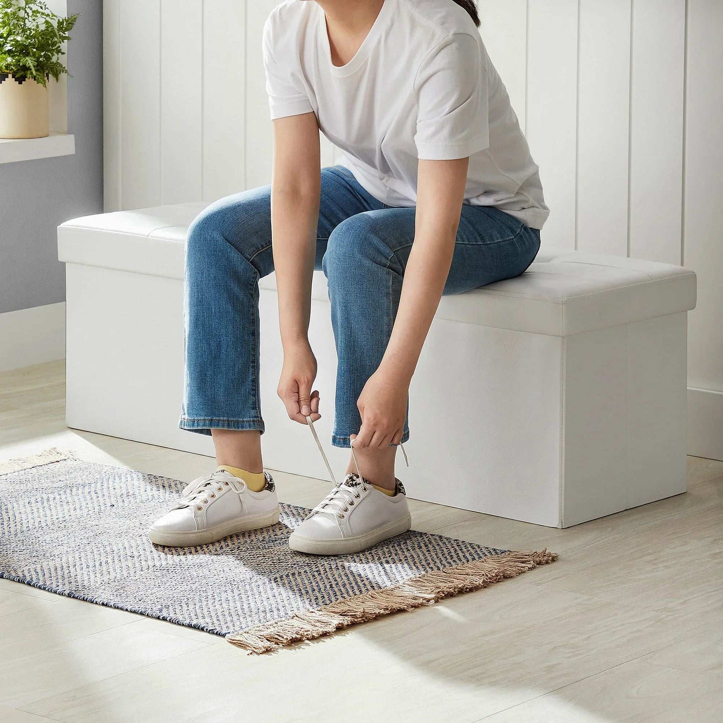 Органайзер за съхранение, пуф, бял - WoowBg