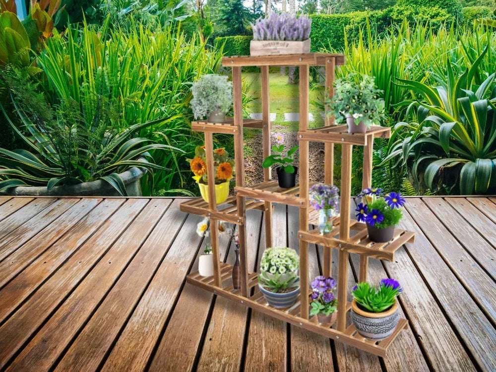 4-етажна дървена стойка за саксии – голяма, кафява - WoowBg