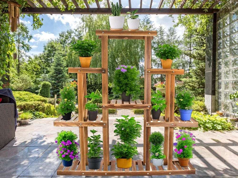 4-етажна дървена стойка за саксии – голяма, кафява - WoowBg
