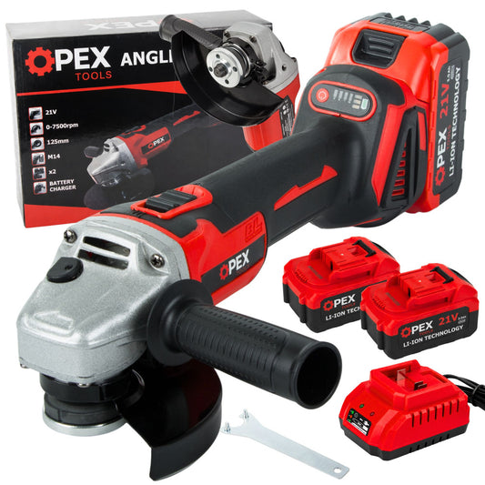 DIAX / OPEX TOOLS Безчетков акумулаторен ъглошлайф 21V – 125 мм, 2 x 3.0Ah батерии, 7500 об./мин