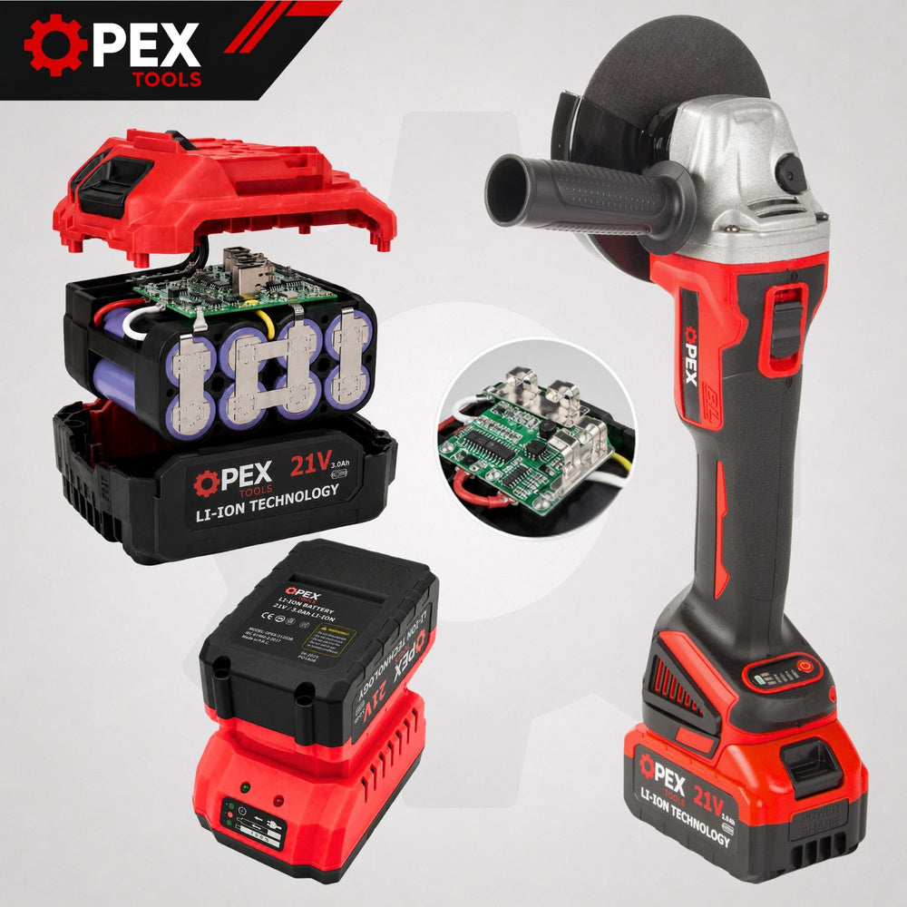 DIAX / OPEX TOOLS Безчетков акумулаторен ъглошлайф 21V – 125 мм, 2 x 3.0Ah батерии, 7500 об./мин