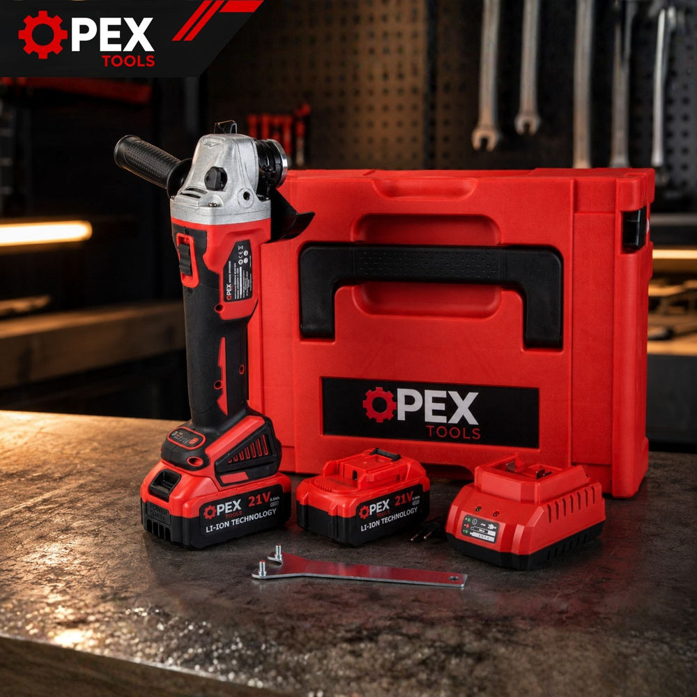 DIAX / OPEX TOOLS Безчетков акумулаторен ъглошлайф 21V – 125 мм, 2 x 3.0Ah батерии, 7500 об./мин