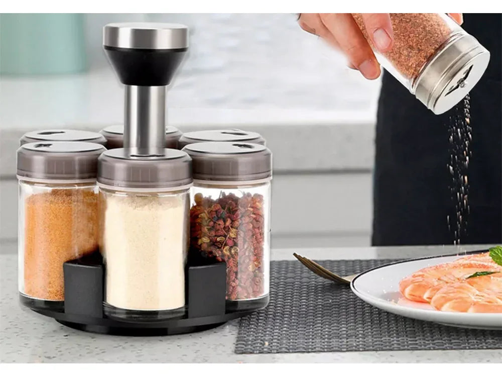 Органайзер за подправки - въртящ се стъклен комплект 6 броя - WoowBg