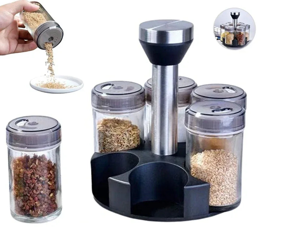 Органайзер за подправки - въртящ се стъклен комплект 6 броя - WoowBg